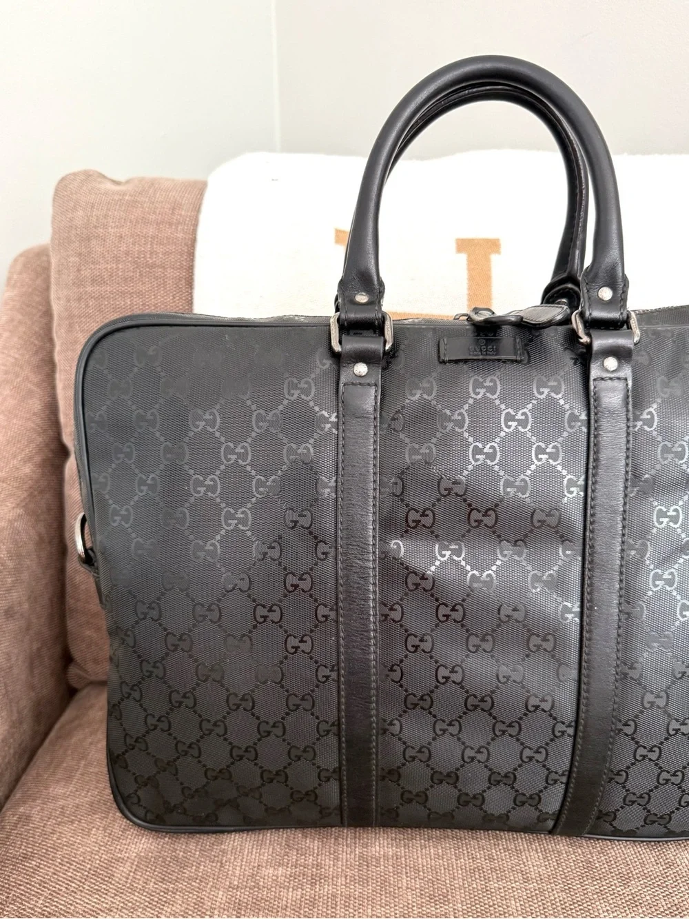 Gucci authentic black monogram imprime coated canvas unisex laptop bag
